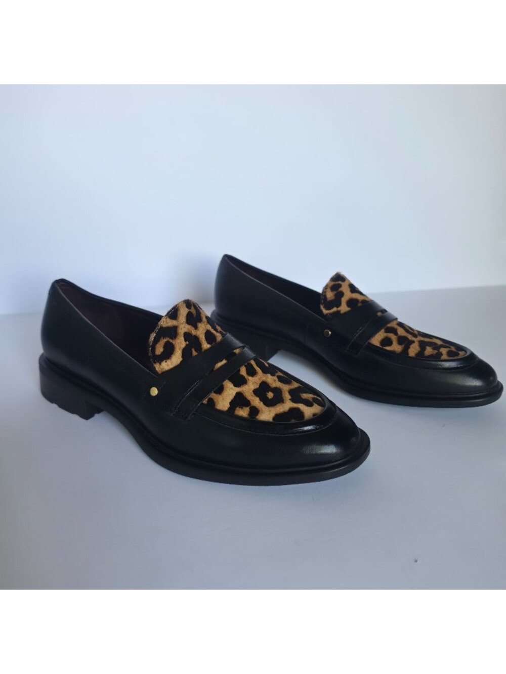 Franco Sarto Edith3 Black Leather Leopard Print Loafers Academia Preppy. Sz 8.5M